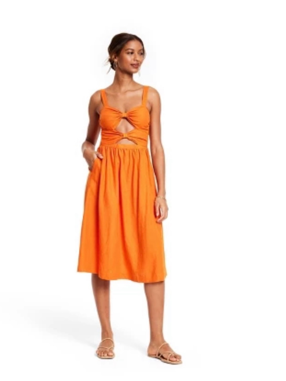 Sleeveless Orange Cutout Midi Dress with Knot Front